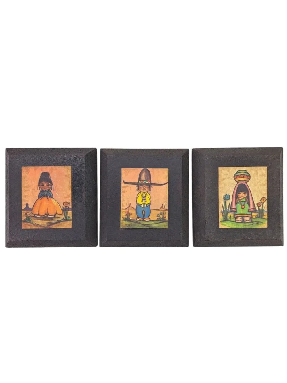 3 Vintage Southwest Navajo Hopi Children Oodie Wood Plaques Gerda Christoffersen